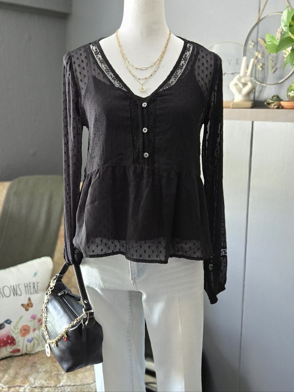 Hollister Sheer Black Lace Babydoll Peplum Blouse